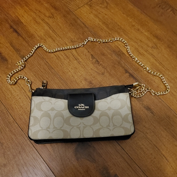 Coach Tan and Black Wristlet with Gold Chain - Picture 2 of 10